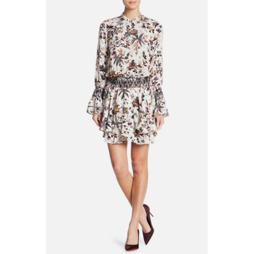 A.L.C. | Silk Floral Smocked Waist Mini Dress Cream Burgundy Gold | Size 8 - Picture 2 of 6